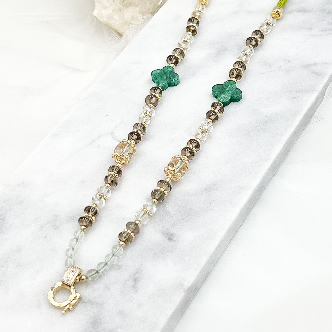 Green Aventurine Clover Smokey Qaurtz & Clear Qaurtz CRZnecklace