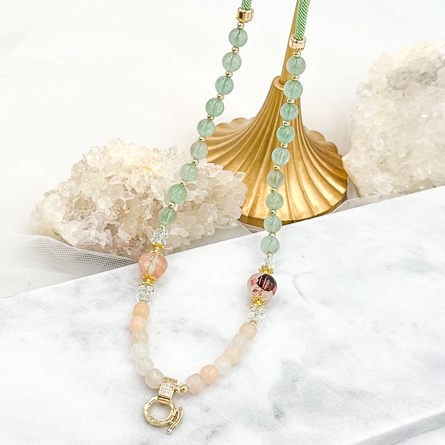Green Strawberry Quartz Fire Quartz Peach Agate CRZnecklace