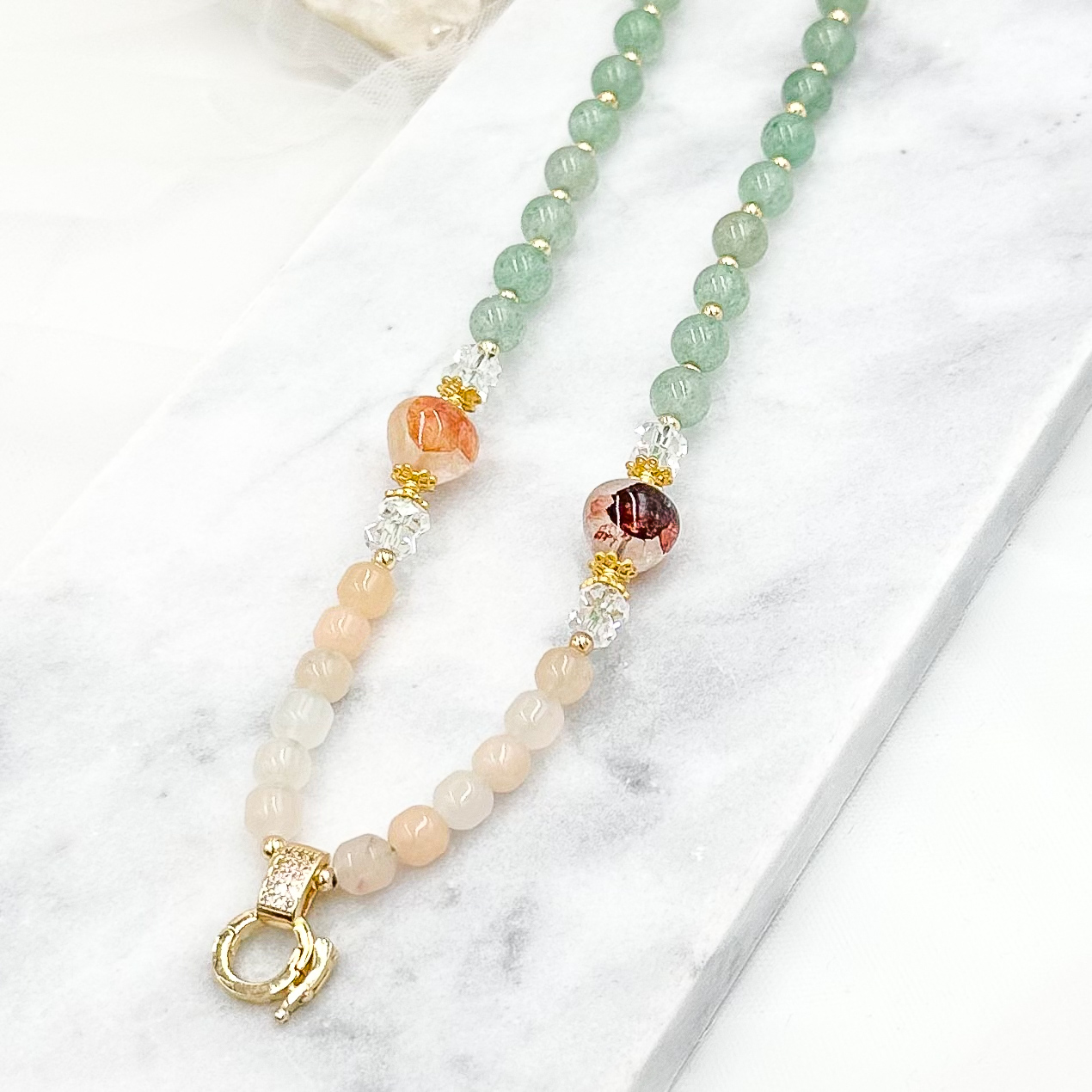 Green Strawberry Quartz Fire Quartz Peach Agate CRZnecklace