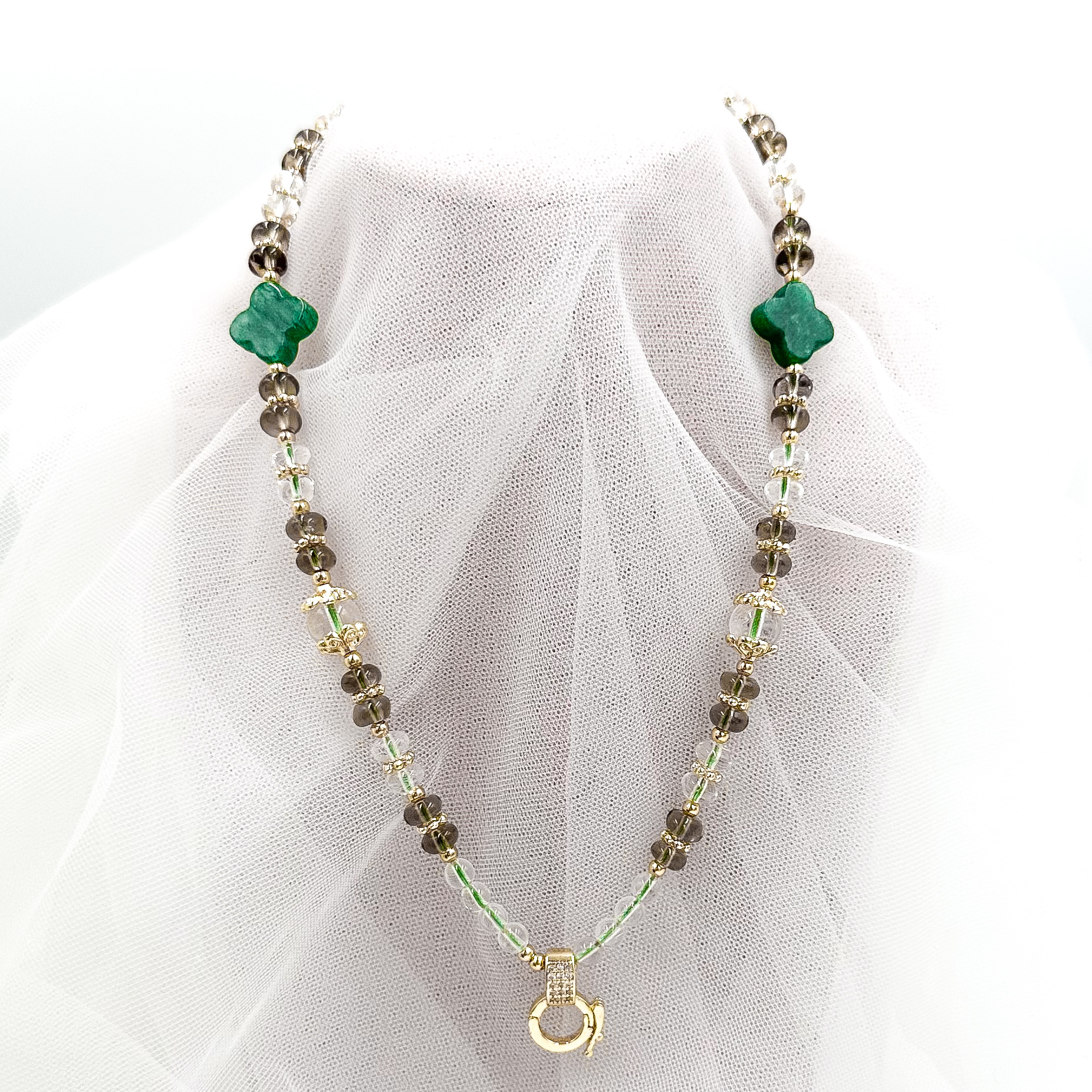Green Aventurine Clover Smokey Qaurtz & Clear Qaurtz CRZnecklace
