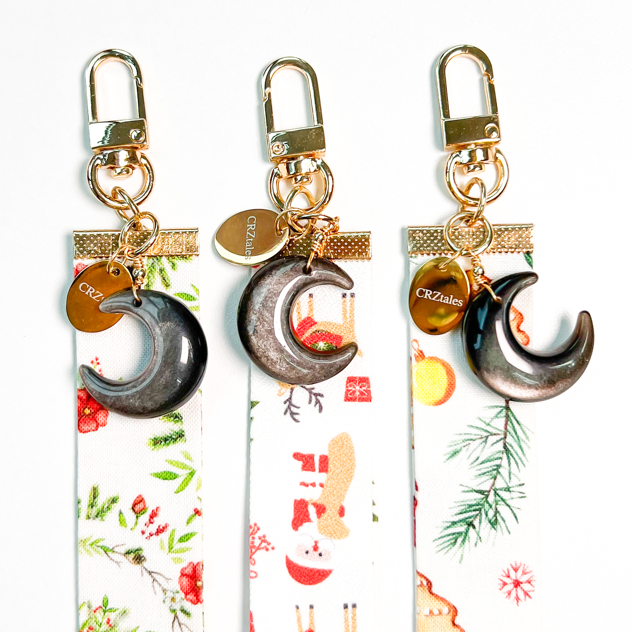 <<SG Seller>> CRZtales Silver Obsidian Moon Crystal Charms Christmas Theme Fabric Chain CRZFabChain #CRZFabChains