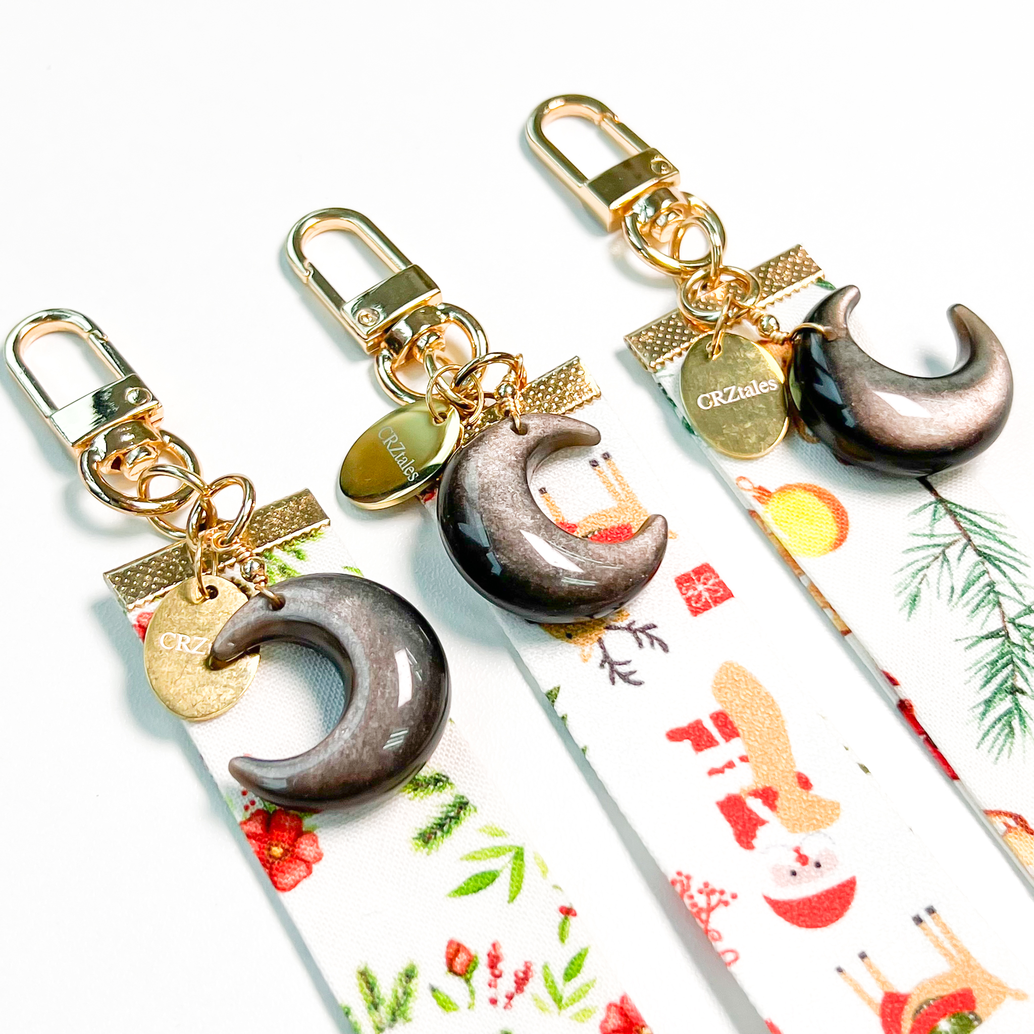 <<SG Seller>> CRZtales Silver Obsidian Moon Crystal Charms Christmas Theme Fabric Chain CRZFabChain #CRZFabChains