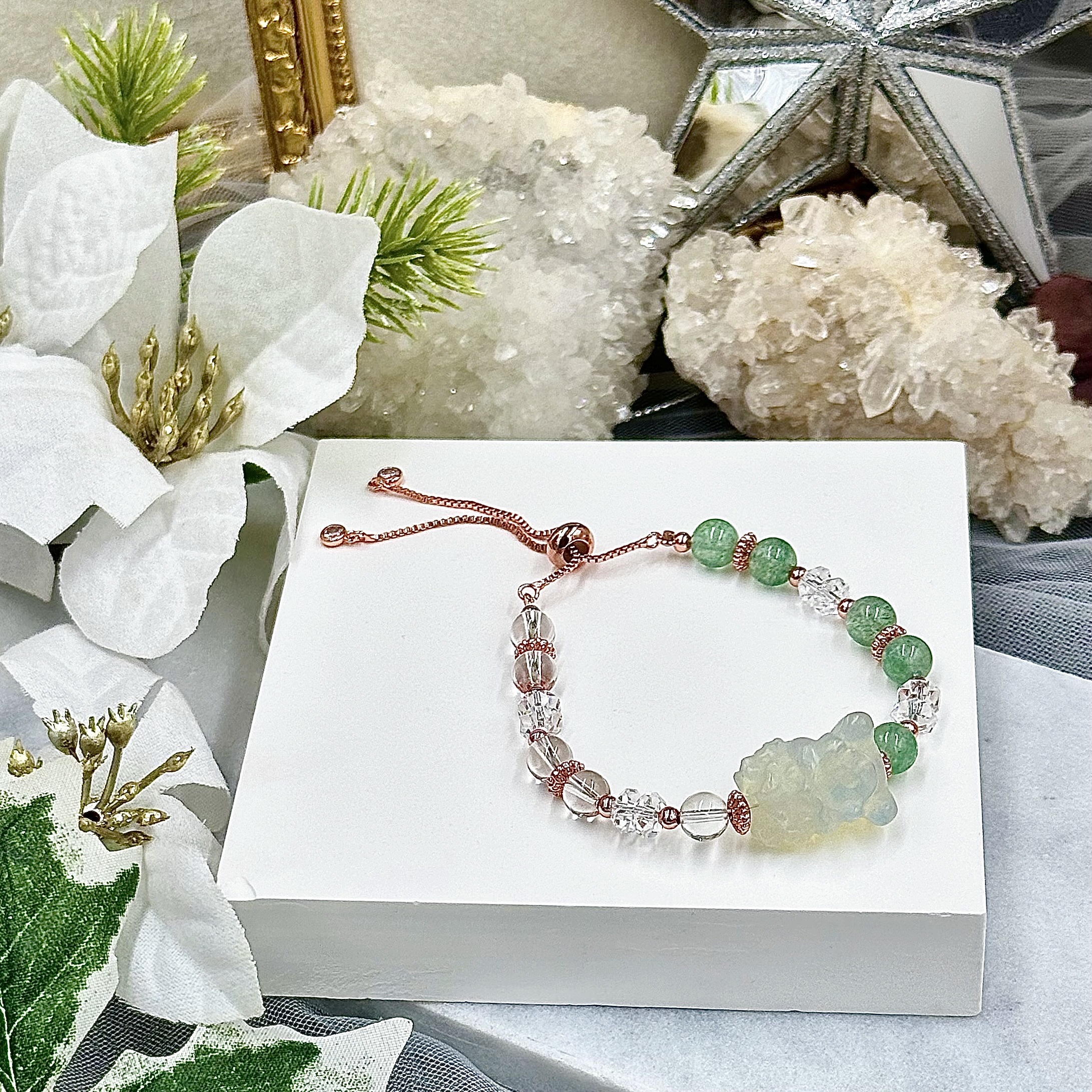 Opalite Tun Jin Shou With Green Strawberry Quartz Push-Pull Bracelet