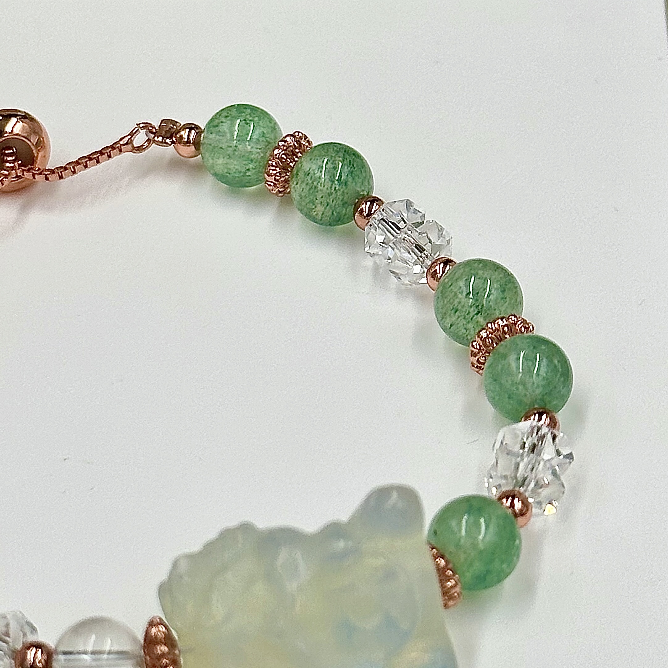 Opalite Tun Jin Shou With Green Strawberry Quartz Push-Pull Bracelet