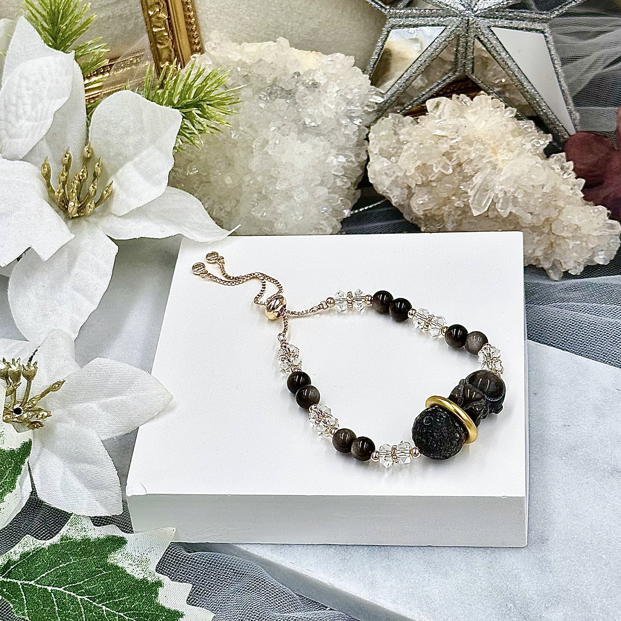 Silver Obsidian Astronaut On Moon Push-Pull Bracelet