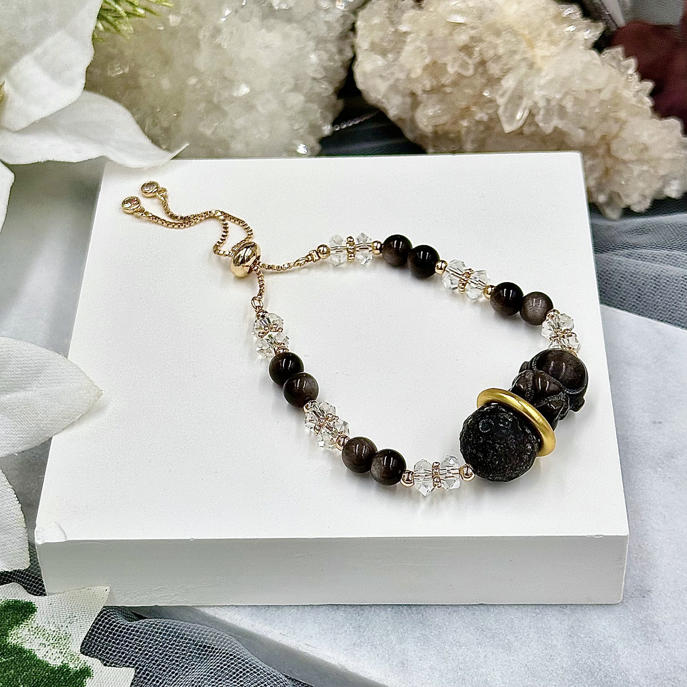 Silver Obsidian Astronaut On Moon Push-Pull Bracelet