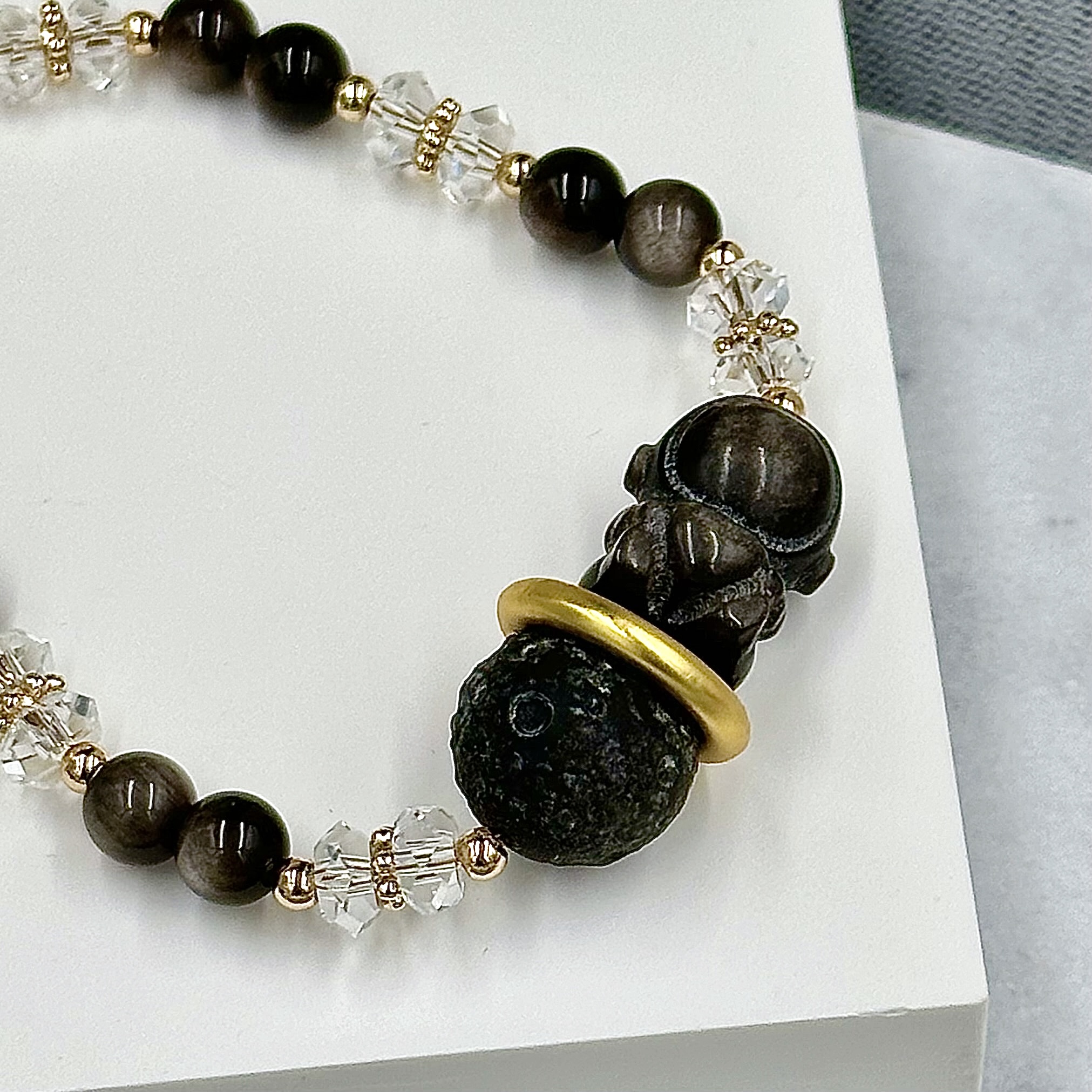 Silver Obsidian Astronaut On Moon Push-Pull Bracelet