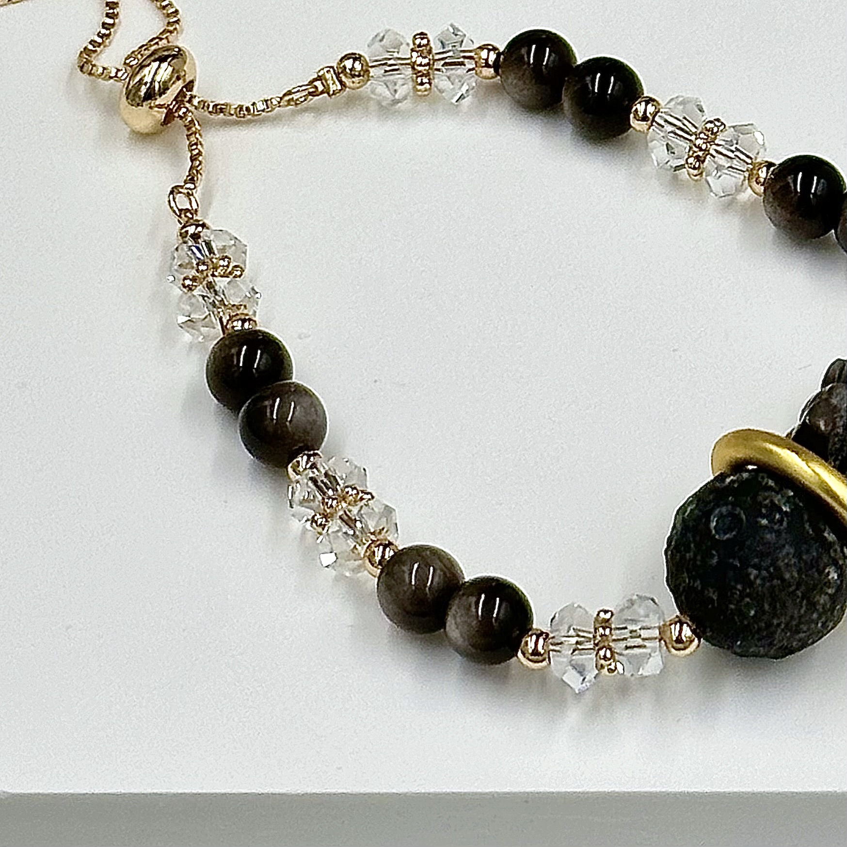 Silver Obsidian Astronaut On Moon Push-Pull Bracelet