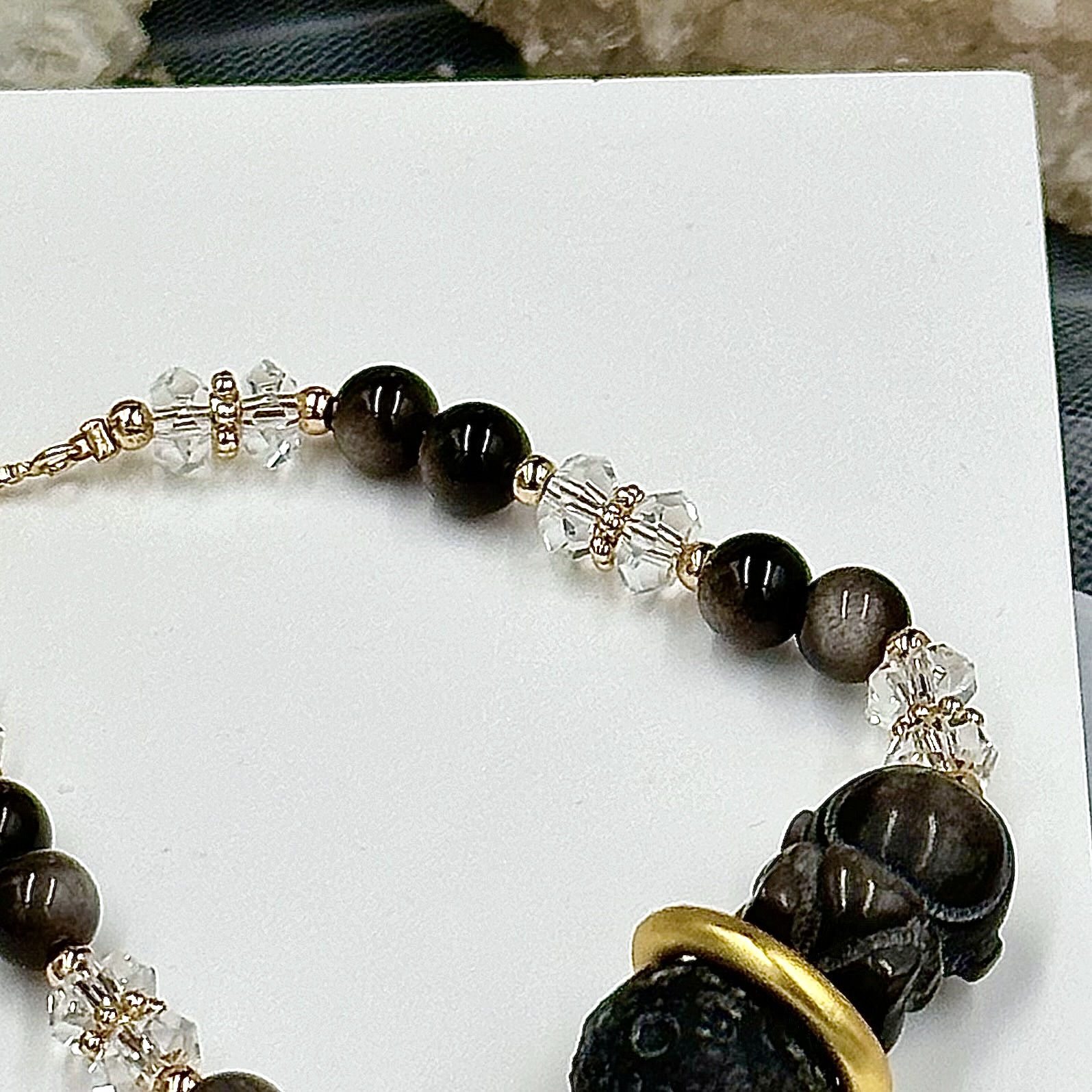 Silver Obsidian Astronaut On Moon Push-Pull Bracelet