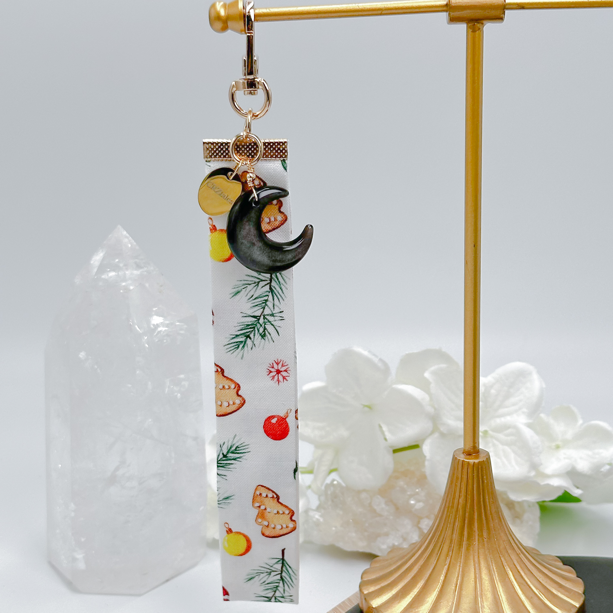 <<SG Seller>> CRZtales Silver Obsidian Moon Crystal Charms Christmas Theme Fabric Chain CRZFabChain #CRZFabChains