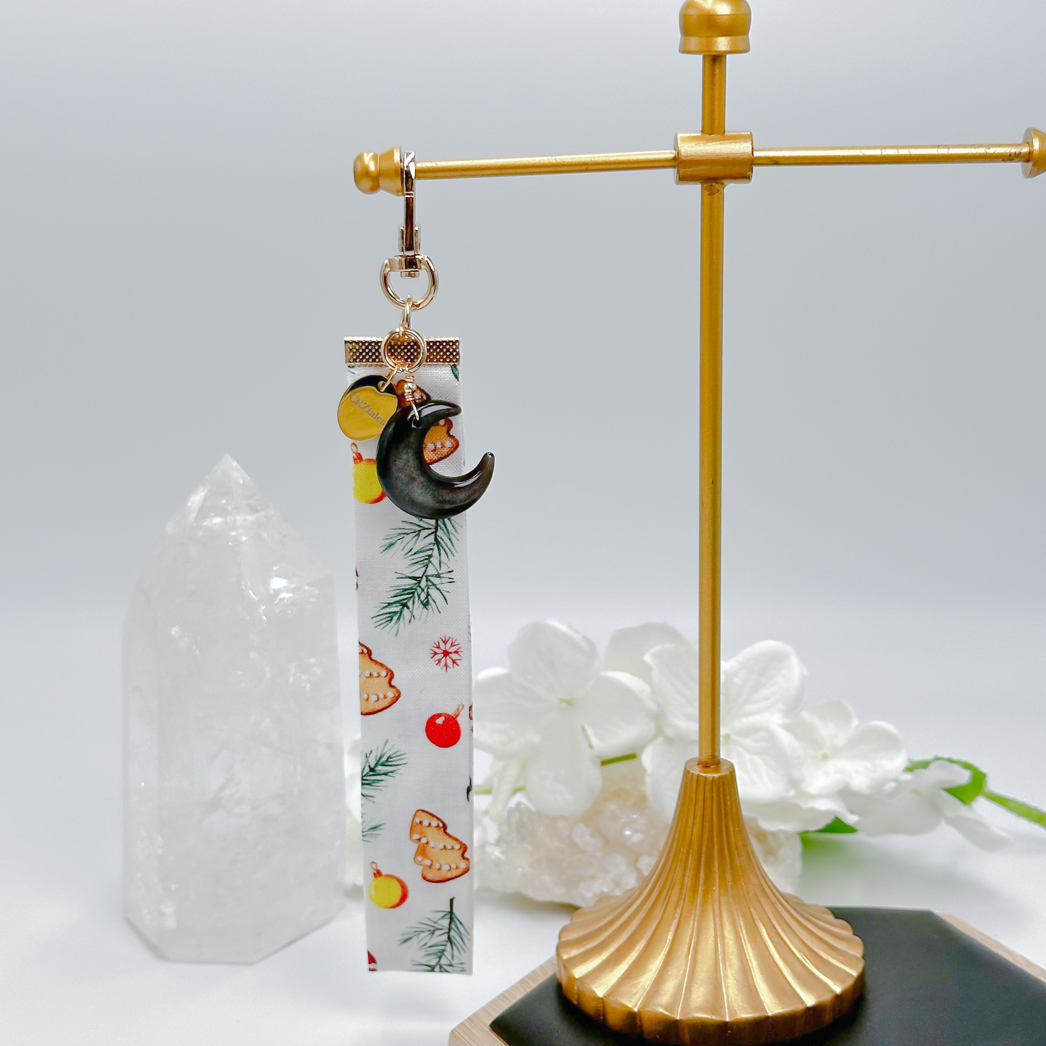 <<SG Seller>> CRZtales Silver Obsidian Moon Crystal Charms Christmas Theme Fabric Chain CRZFabChain #CRZFabChains