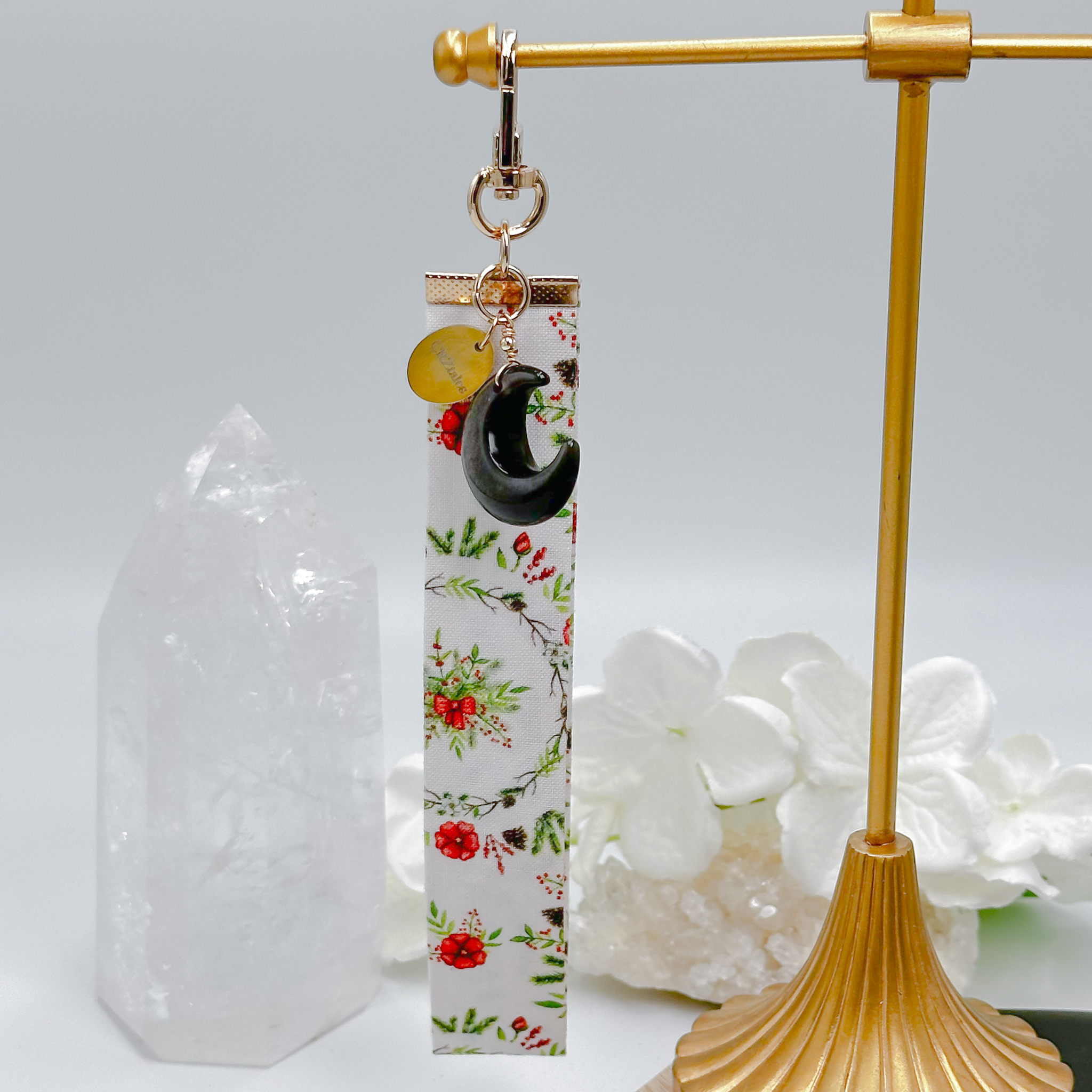 <<SG Seller>> CRZtales Silver Obsidian Moon Crystal Charms Christmas Theme Fabric Chain CRZFabChain #CRZFabChains