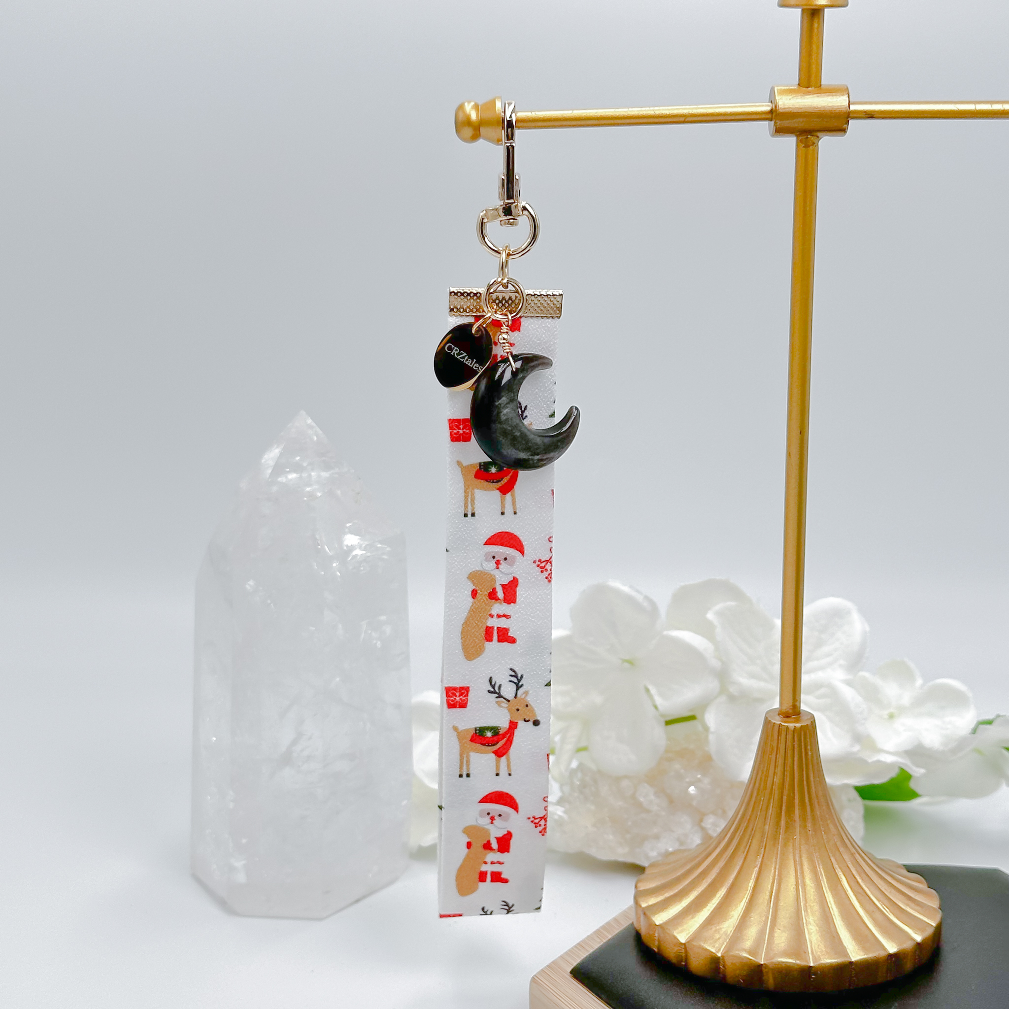 <<SG Seller>> CRZtales Silver Obsidian Moon Crystal Charms Christmas Theme Fabric Chain CRZFabChain #CRZFabChains