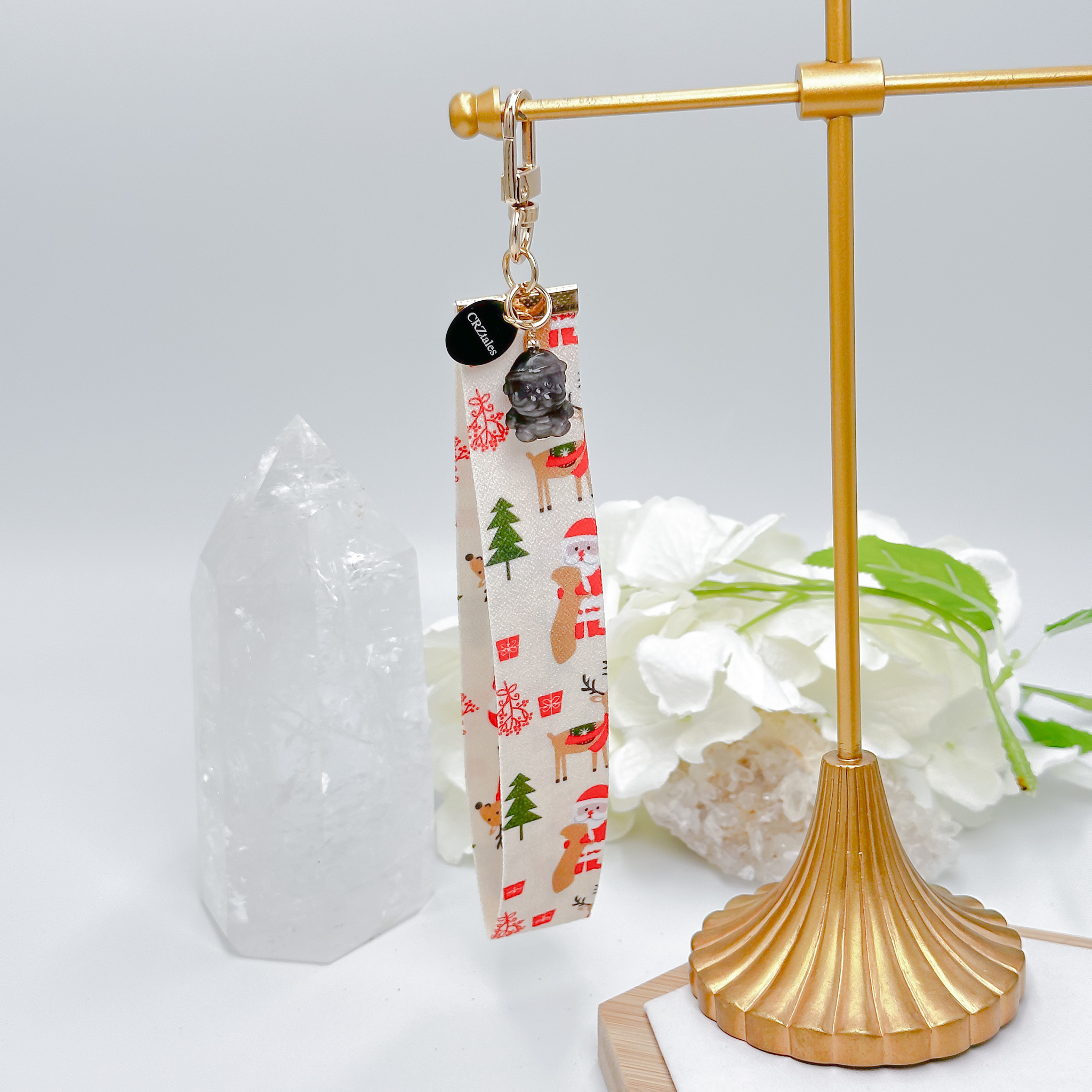 <<SG Seller>> CRZtales Silver Obsidian Santa Crystal Charms Christmas Theme Fabric Chain CRZFabChain #CRZFabChains