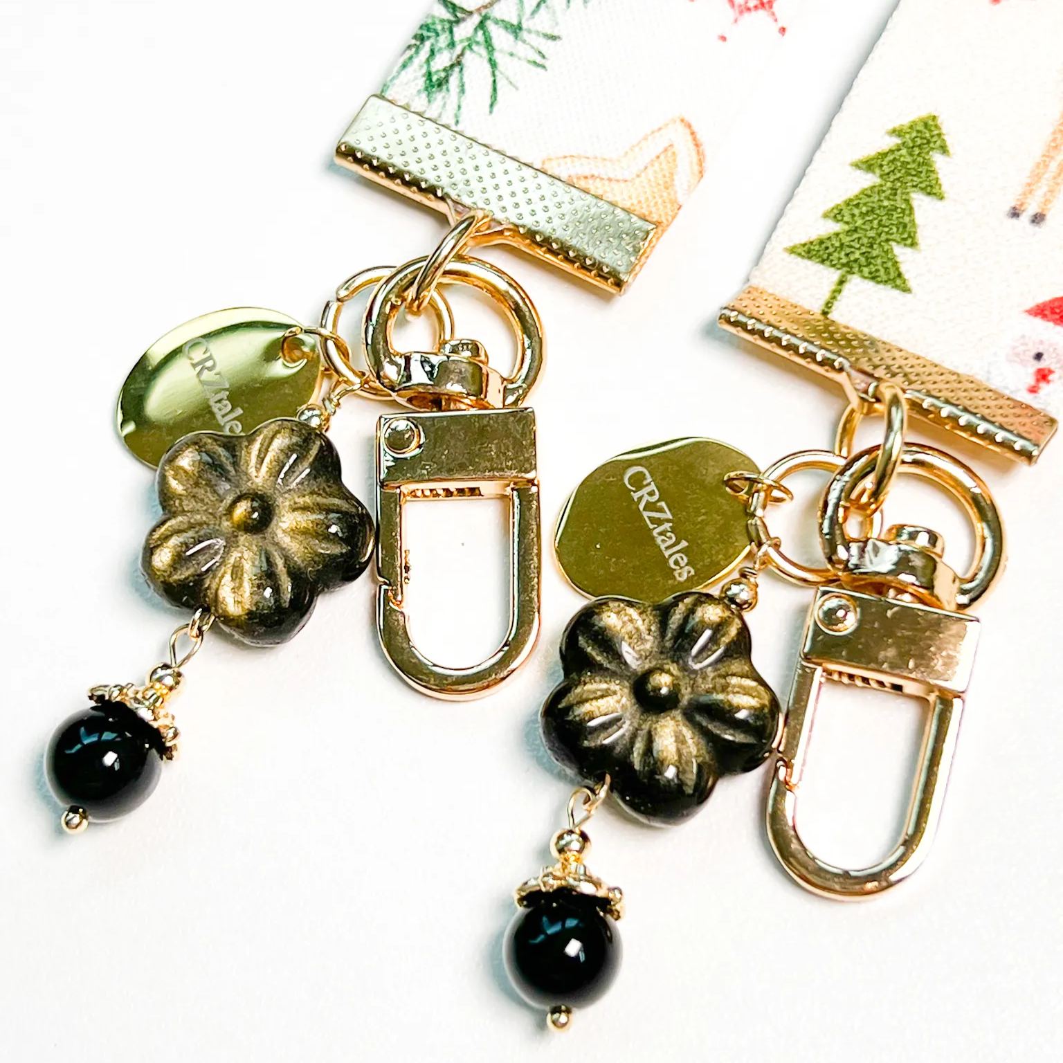 <<SG Seller>> CRZtales Golden Obsidian Flower Crystal Charms Christmas Theme Fabric Chain CRZFabChain #CRZFabChains