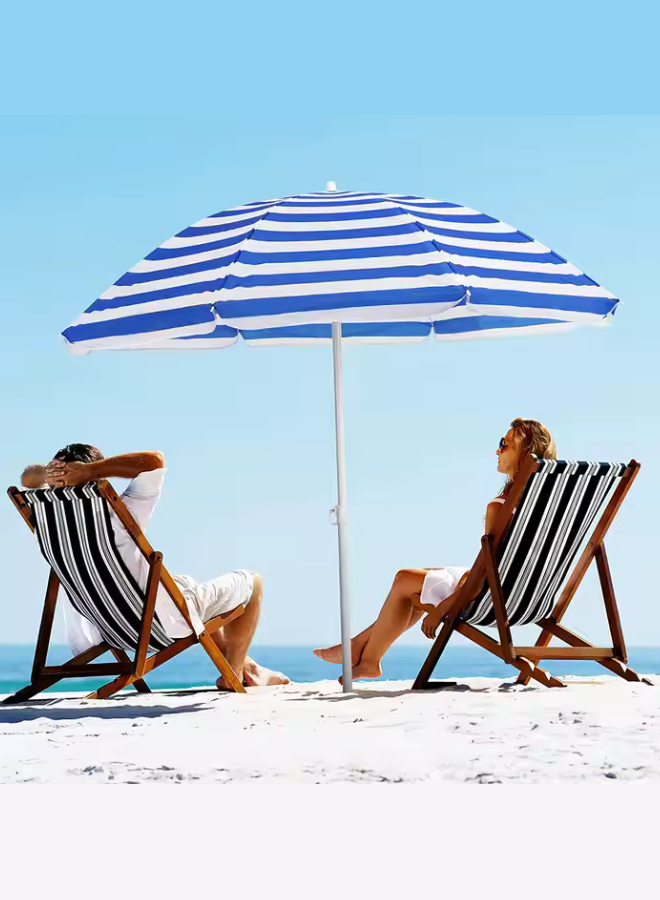 Foldable Beach Umbrella with Stand &ndash; UV 50+ Sun Protection, Portable Outdoor Sunshade with Carry Bag | Adjustable Height, Easy Setup for Beach, Patio, Garden, Picnic &ndash; Blue & White