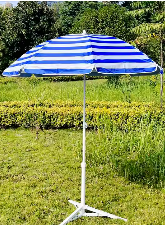 Foldable Beach Umbrella with Stand &ndash; UV 50+ Sun Protection, Portable Outdoor Sunshade with Carry Bag | Adjustable Height, Easy Setup for Beach, Patio, Garden, Picnic &ndash; Blue & White