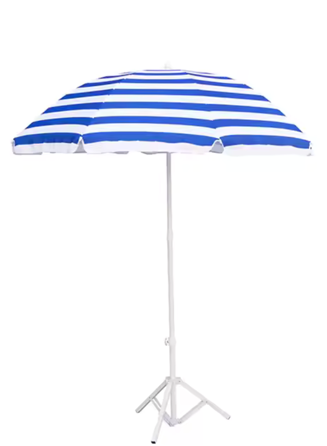 Foldable Beach Umbrella with Stand &ndash; UV 50+ Sun Protection, Portable Outdoor Sunshade with Carry Bag | Adjustable Height, Easy Setup for Beach, Patio, Garden, Picnic &ndash; Blue & White