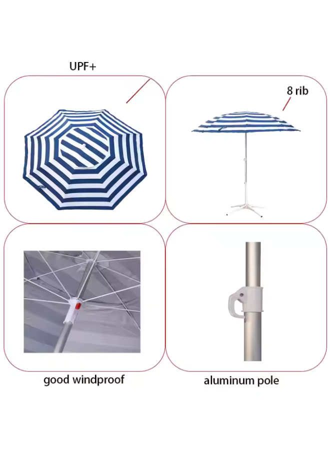 Foldable Beach Umbrella with Stand &ndash; UV 50+ Sun Protection, Portable Outdoor Sunshade with Carry Bag | Adjustable Height, Easy Setup for Beach, Patio, Garden, Picnic &ndash; Blue & White