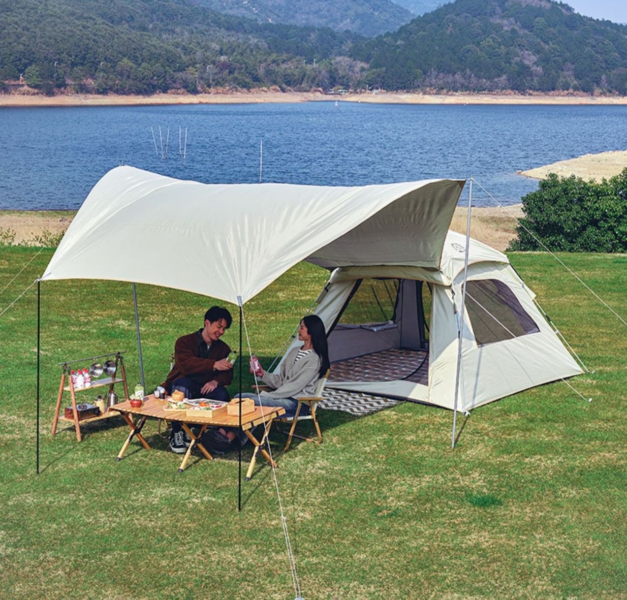 Good for 5-8 people tent and awning all in one for family 