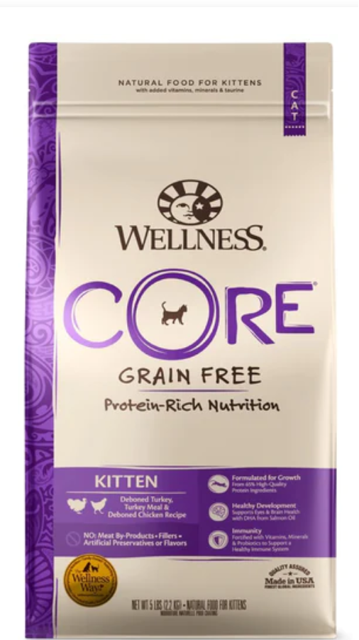 Wellness CORE Kitten Deboned Turkey, Turkey Meal & Deboned Chicken Grain-Free Dry Cat Food (2lb, 5lb)