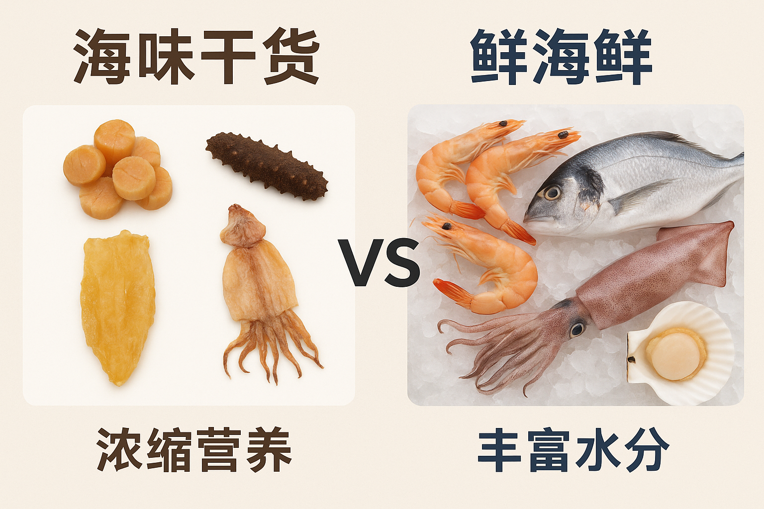 海味干货与鲜海鲜对比图，展示干货的浓缩营养与海鲜的丰富水分。