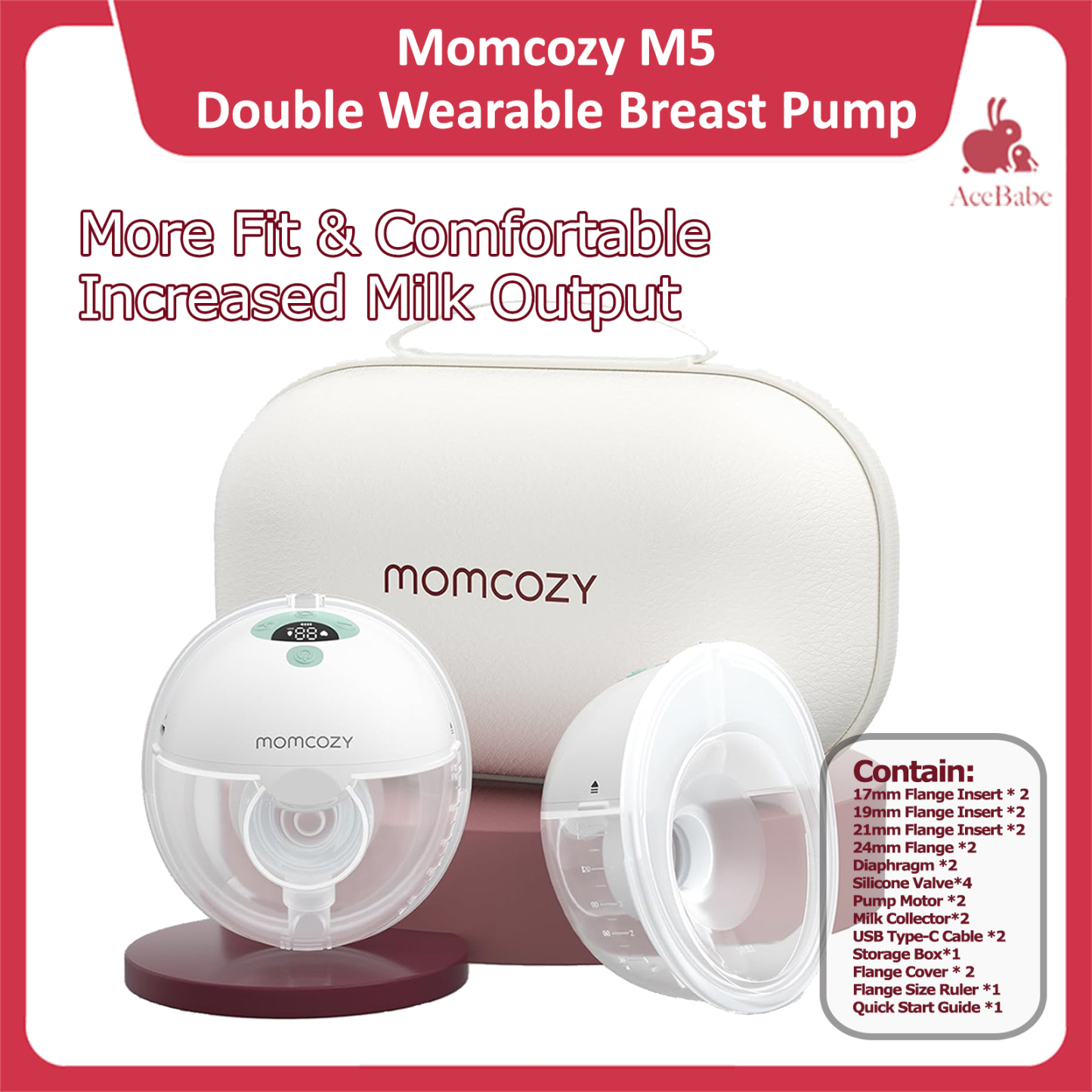 Momcozy M5 Double Wearable Breast Pump of Baby Mouth Double-Sealed Flange with 3 Modes & 9 Levels - 24mm, 2 Pack