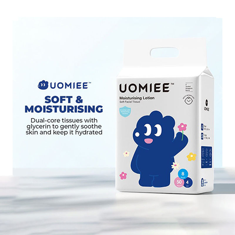 UOMIEE Moisturising Soft Facial Tissue 50s 4 Packs Wood Pulp Fiber With Imported Plant-Based Glycerin For Gentle Hydration Sensitive Skin Multipurpose Family Use