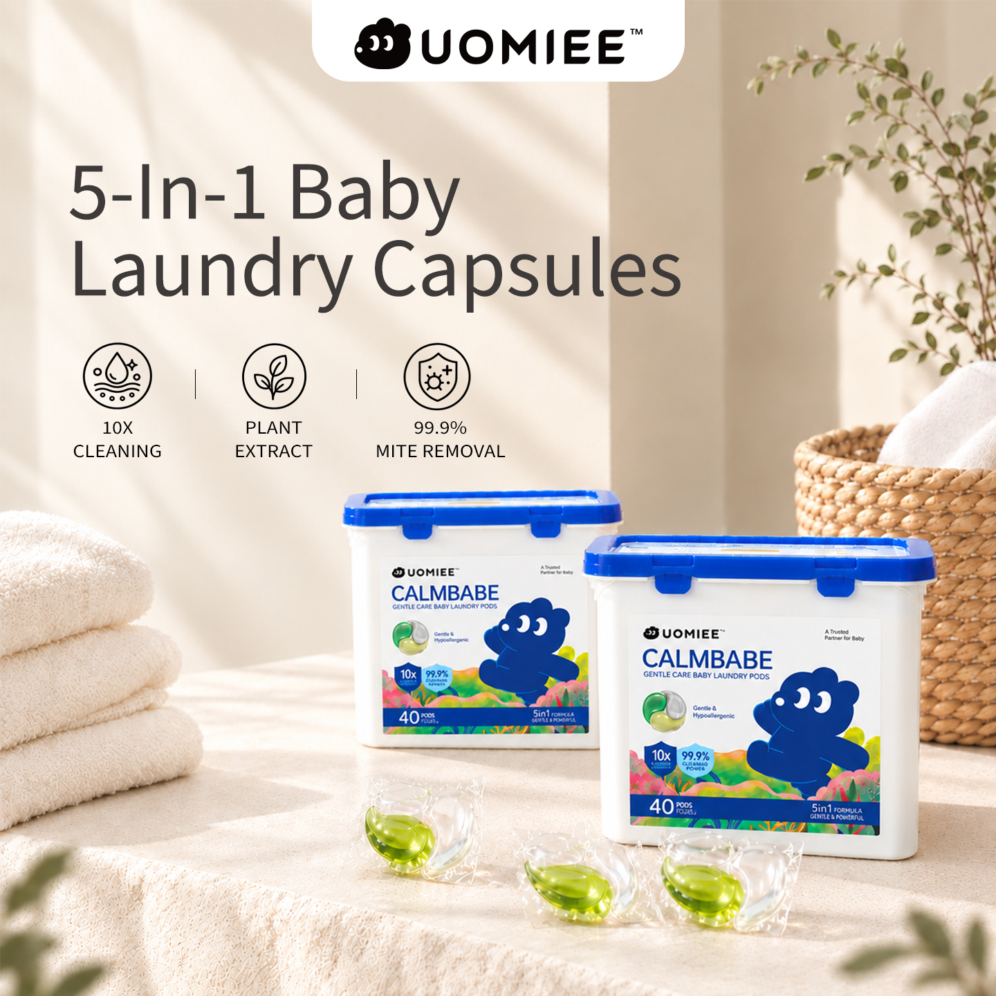 UOMIEE Baby Laundry Detergent Pods | Gentle Clean | Freesia Scent | For Baby & Kids | 40 Pods
