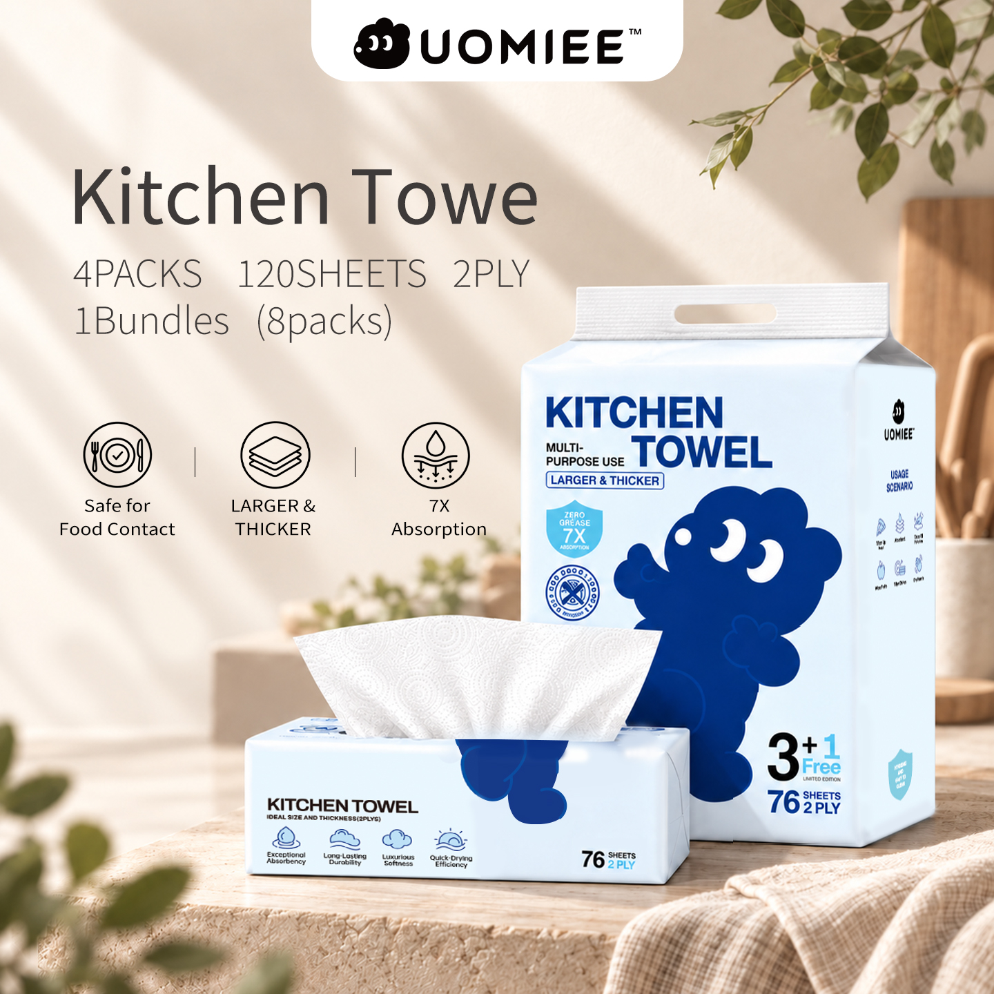 UOMIEE New Multi-purpose Kitchen Towel 70 Sheets 2ply Per Water&Oil Family Pack Large Capacity-76s*24packs(CTN)