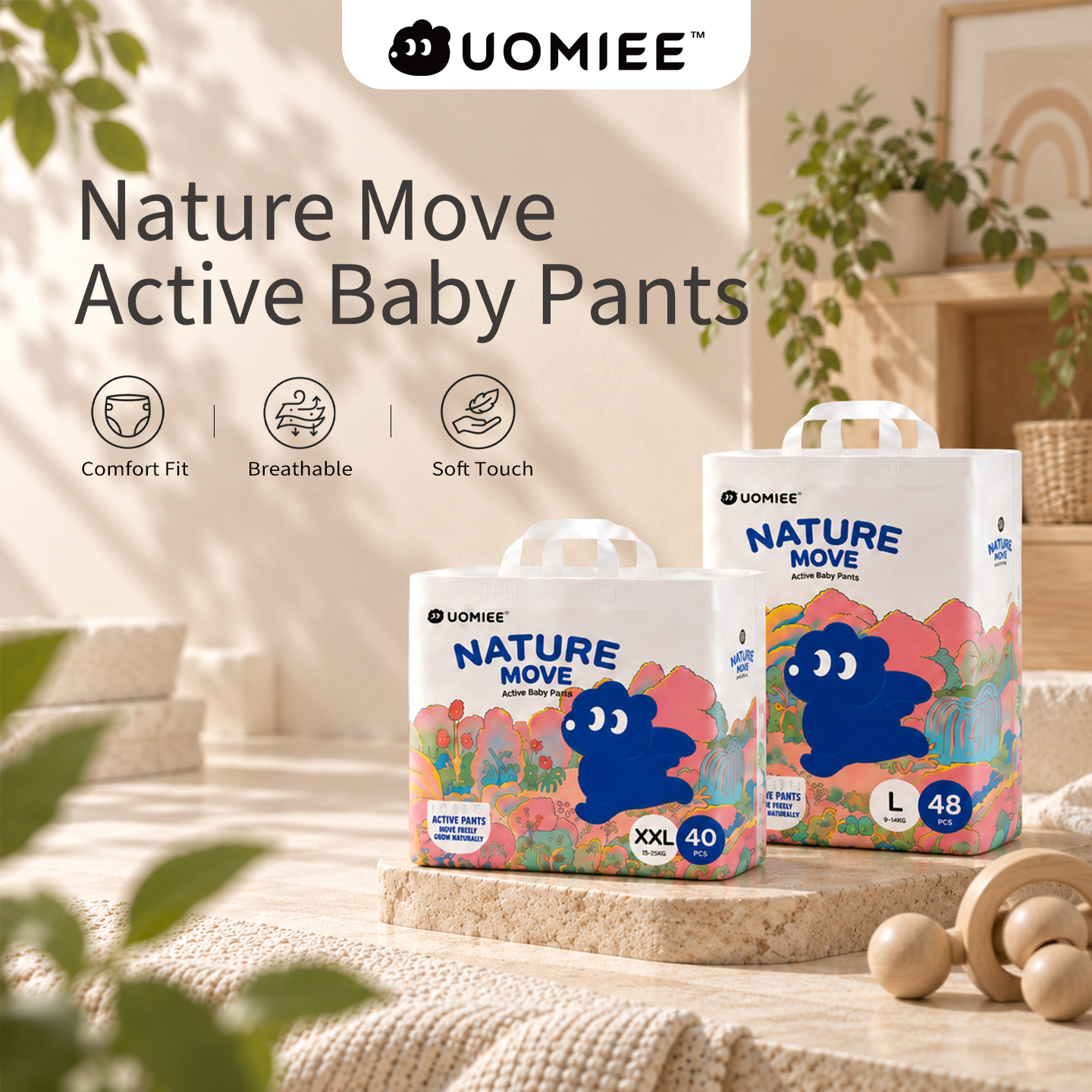 UOMIEE Nature Move Baby Diapers Family Pack | Plant-Based Soft | Ultra Breathable | Flexible Fit | Long-Lasting Dryness