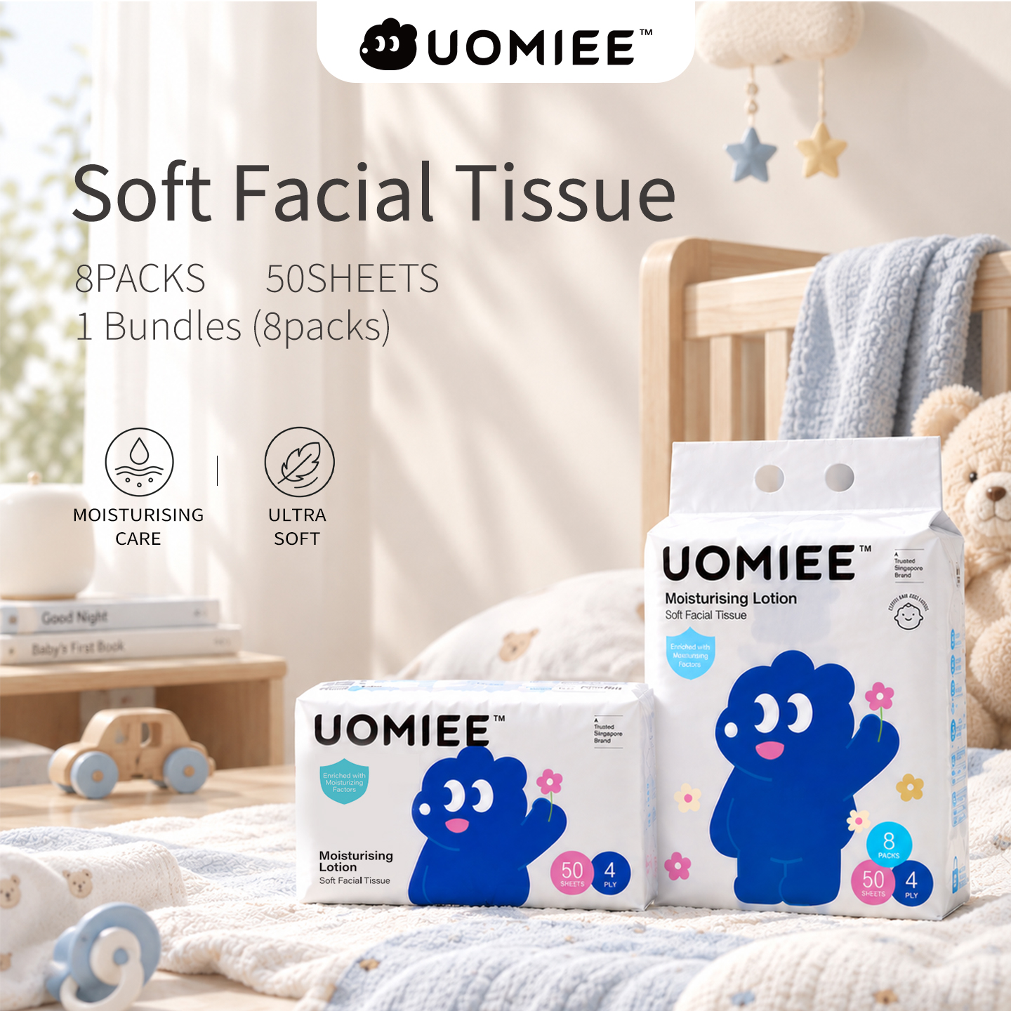 UOMIEE Moisturising Soft Facial Tissue 50s 4 Packs Wood Pulp Fiber With Imported Plant-Based Glycerin For Gentle Hydration Sensitive Skin Multipurpose Family Use