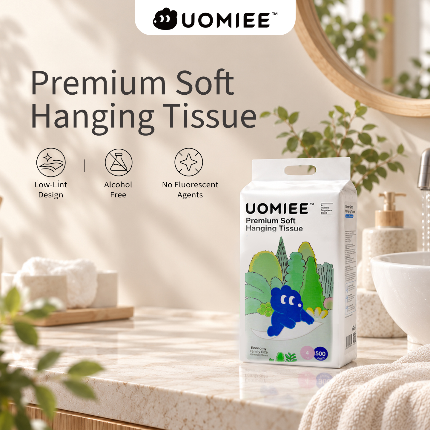 UOMIEE Premium Soft Hanging Tissue 1Pack 500 Sheets 4 Ply Leaf EmbossedBottom Pull Bathroom Tissue Wall Mount