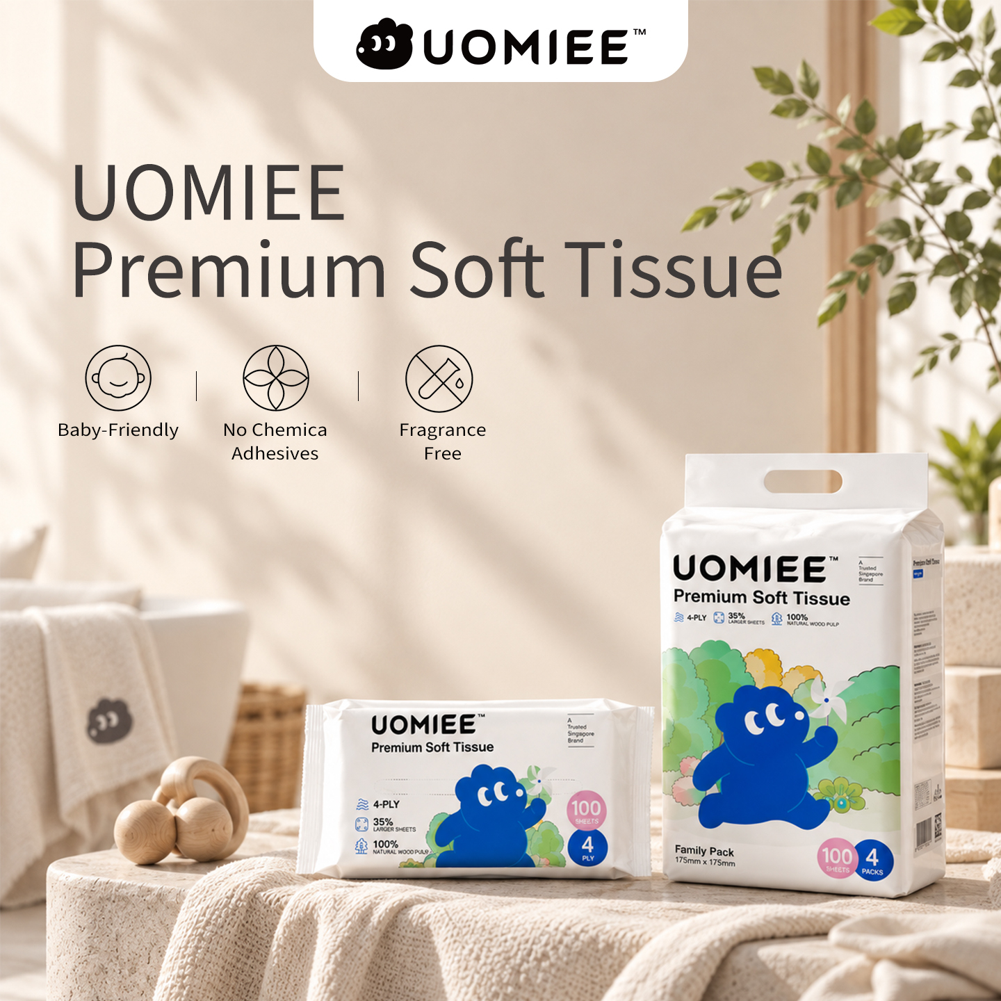 UOMIEE Premium Ultra Soft Tissue 4 Packs Soft Pack Facial Tissue BundleValue Pack