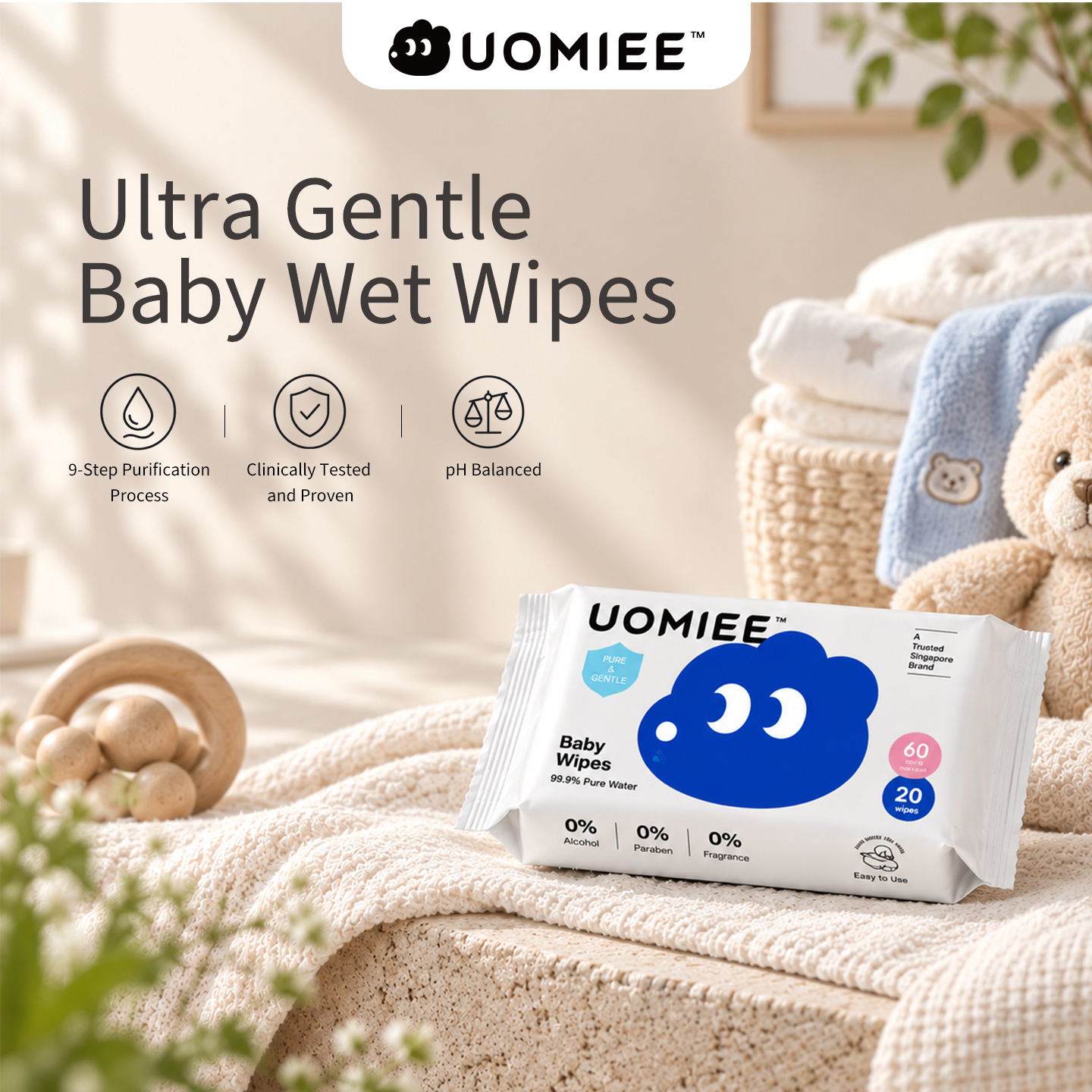 UOMIEE Baby Pure Water Wipes | Soft & Gentle Hand & Mouth Care | Suitable for Newborn | 20 Pulls