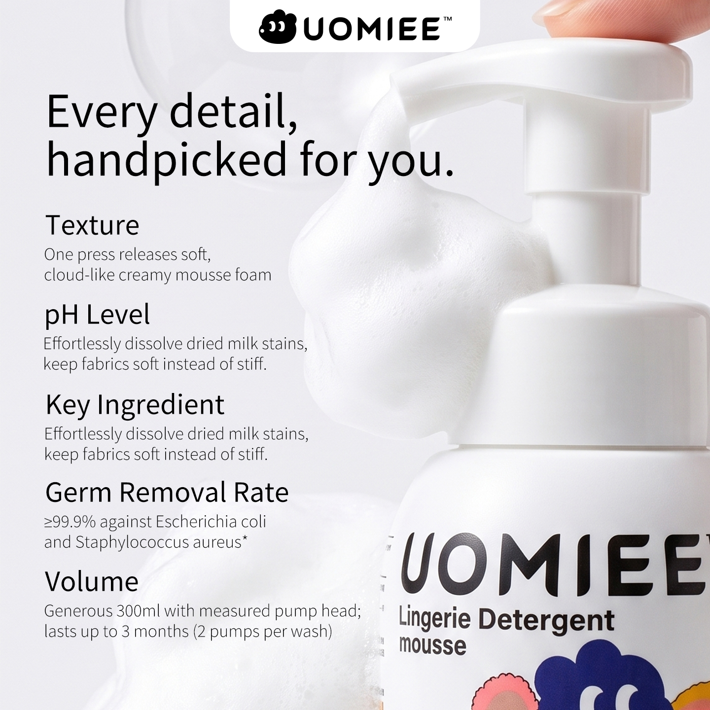  UOMIEE Lingerie Detergent Mousse Underwear Anti-bacterial Detergent Mousse Remove Stains Easy To Use 300ml