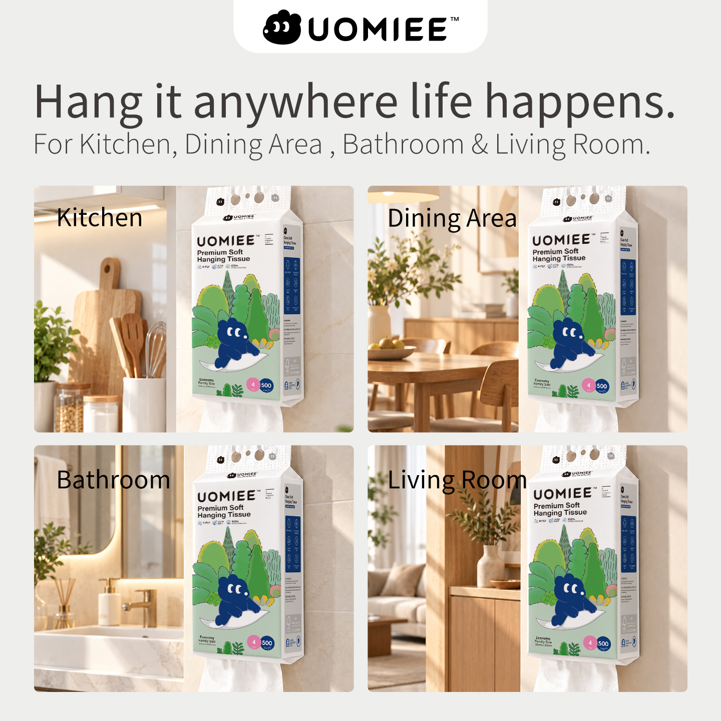 UOMIEE Premium Soft Hanging Tissue 1Pack 500 Sheets 4 Ply Leaf EmbossedBottom Pull Bathroom Tissue Wall Mount