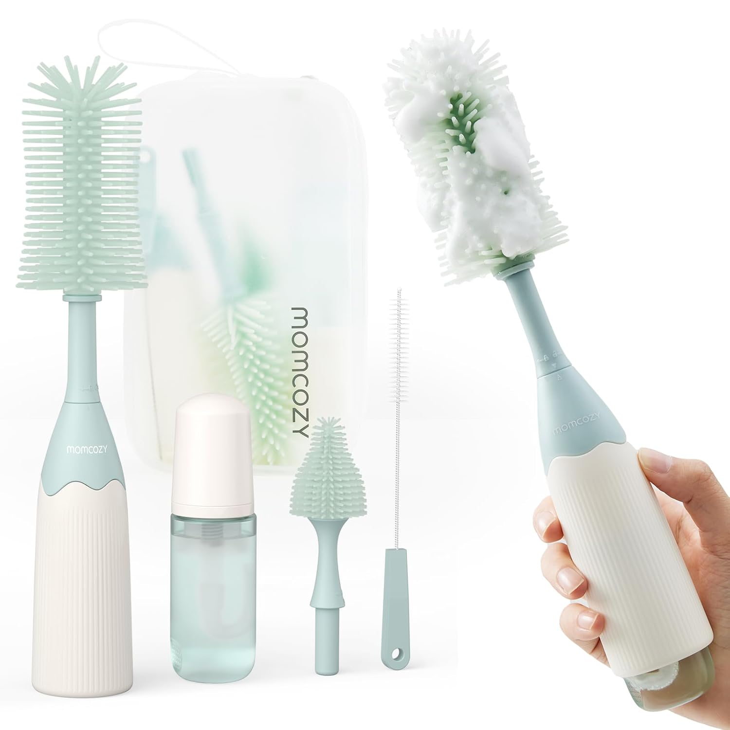 Momcozy Bottle Brush Kit, Innovative Push-Press Design for Better Cleaning - Baby Bottle Cleaner Brush for Baby Bottle, Breast Pumps, Nipples, and More - Can Generate Foam for Better Cleaning