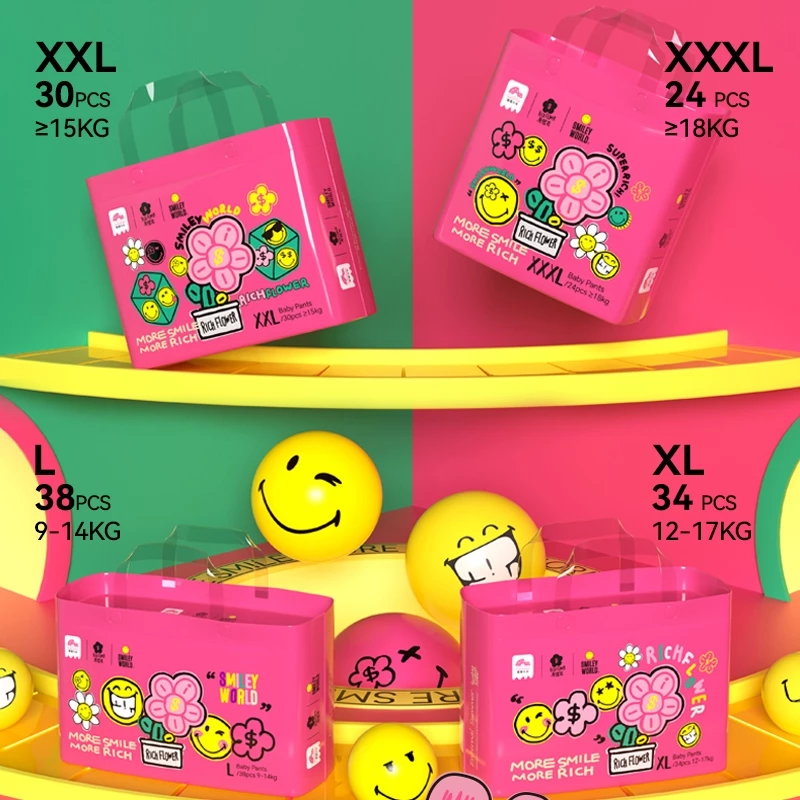 [Carton Deal] Biba Enternal Summer Smiley Rich Flower Series Diapers Pants & Tape |NB-XXL | Soft Skin Friendly