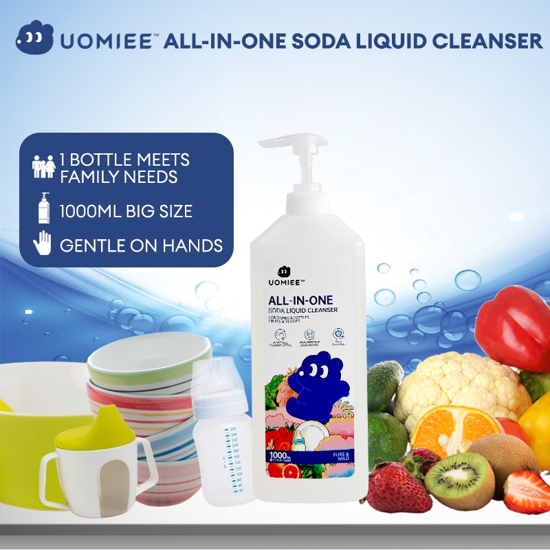 Uomiee All-in-One Soda Liquid Cleanser 1000ml | Gentle Multi-Purpose Wash – Dishes, Baby Bottles, Veggies & Fruits