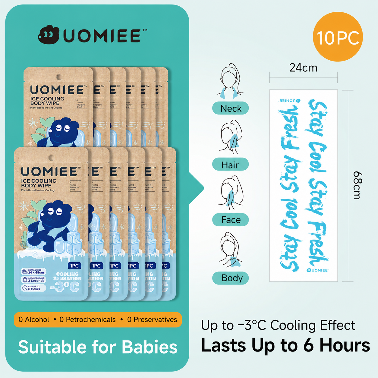 Uomiee Ice Body Wipe Cooling Wet Towel Individual Pack XXL Body Wipes Refreshing Sweat Wipes