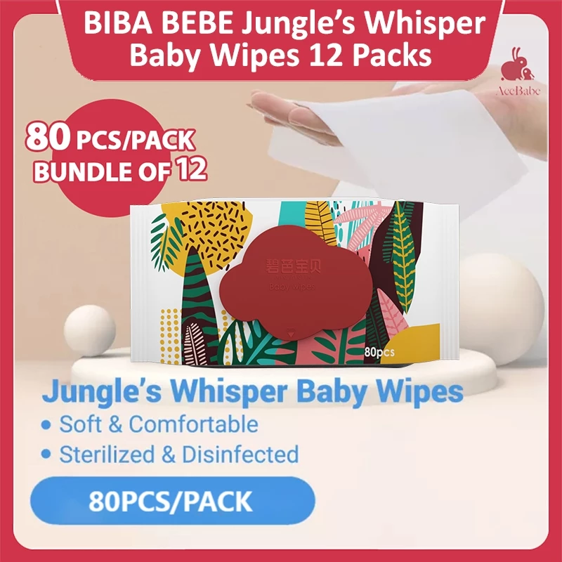 【Carton Deal】Biba Bebe Jungle Whisper 80s Baby Wipes Wet Tissue Mouth&Hand Skin PH Baby WipesPure Water 12packs