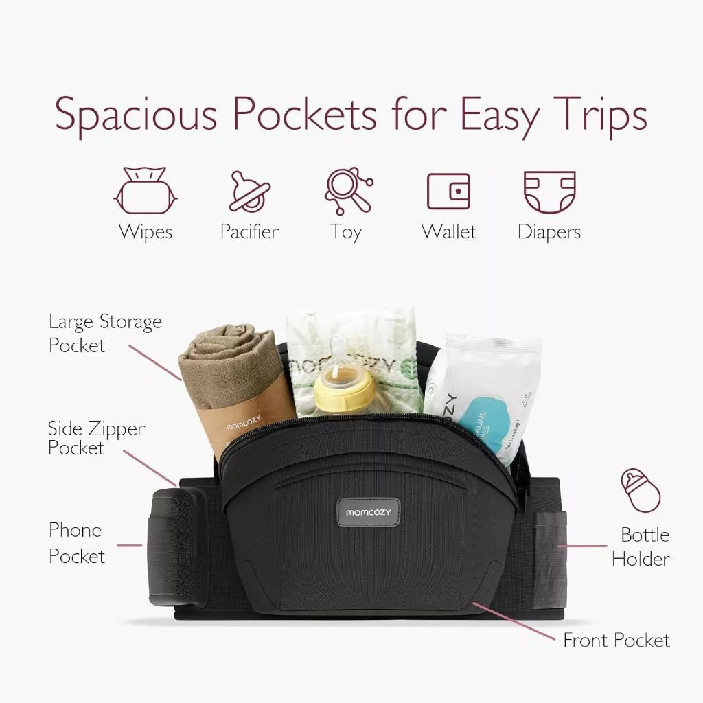 Momcozy Hip Seat Baby Carrier - Adjustable Waistband with Original 3D Belly Protector, Ergonomic Carrier with Various Pockets for Newborns & Toddlers up to 45lbs (Black, Medium)