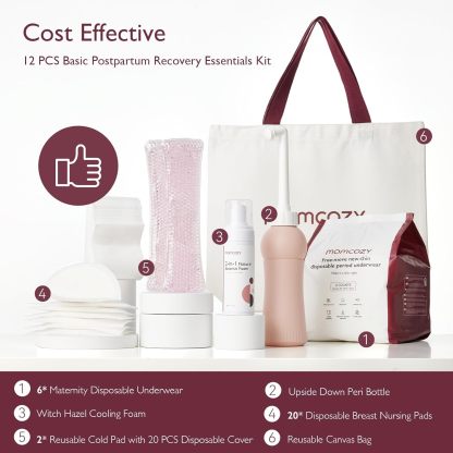 【Momcozy】Full Postpartum Care Set – 8-in-1 Essentials for New Moms (Underwear, Pads, Bottle)