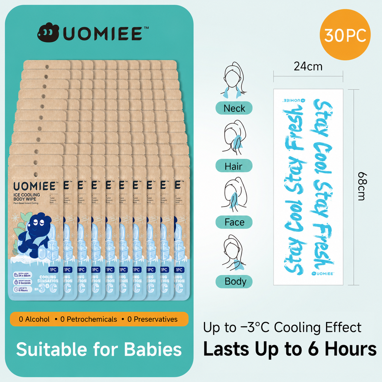 Uomiee Ice Body Wipe Cooling Wet Towel Individual Pack XXL Body Wipes Refreshing Sweat Wipes