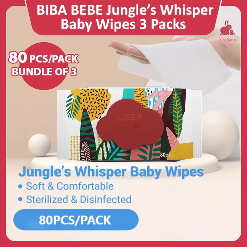 【Carton Deal】Biba Bebe Jungle Whisper 80s Baby Wipes Wet Tissue Mouth&Hand Skin PH Baby WipesPure Water 12packs