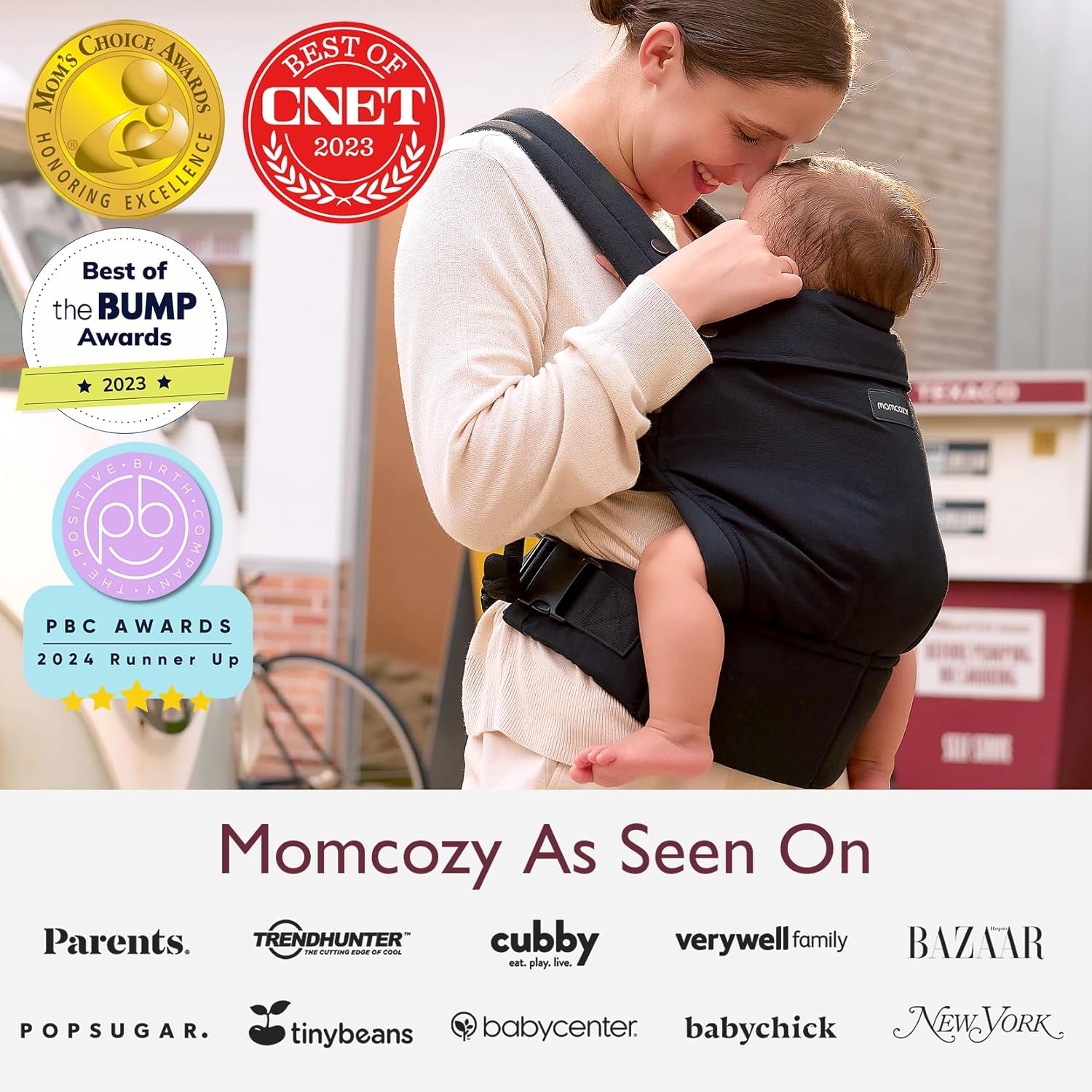 Momcozy Hip Seat Baby Carrier - Adjustable Waistband with Original 3D Belly Protector, Ergonomic Carrier with Various Pockets for Newborns & Toddlers up to 45lbs (Black, Medium)
