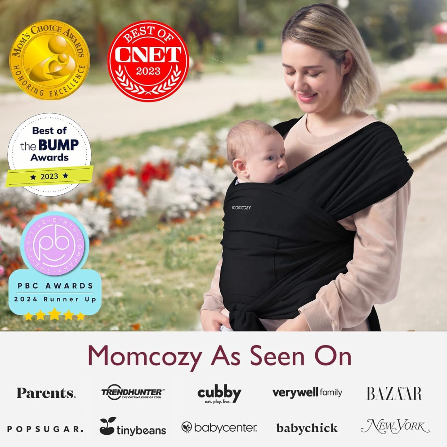 Momcozy Baby Wrap Carrier, Easy to Wear Infant Carrier Slings, Lightweight Hands Free Baby Sling, Adjustable Baby Carriers for Newborn to Toddler 8-35 lbs, Black