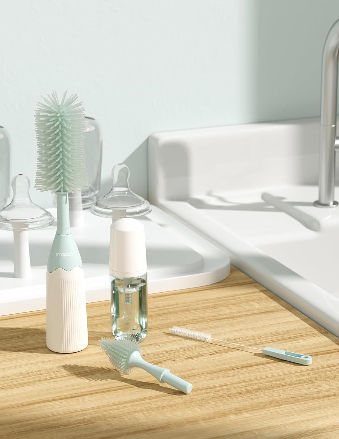 Momcozy Bottle Brush Kit, Innovative Push-Press Design for Better Cleaning - Baby Bottle Cleaner Brush for Baby Bottle, Breast Pumps, Nipples, and More - Can Generate Foam for Better Cleaning