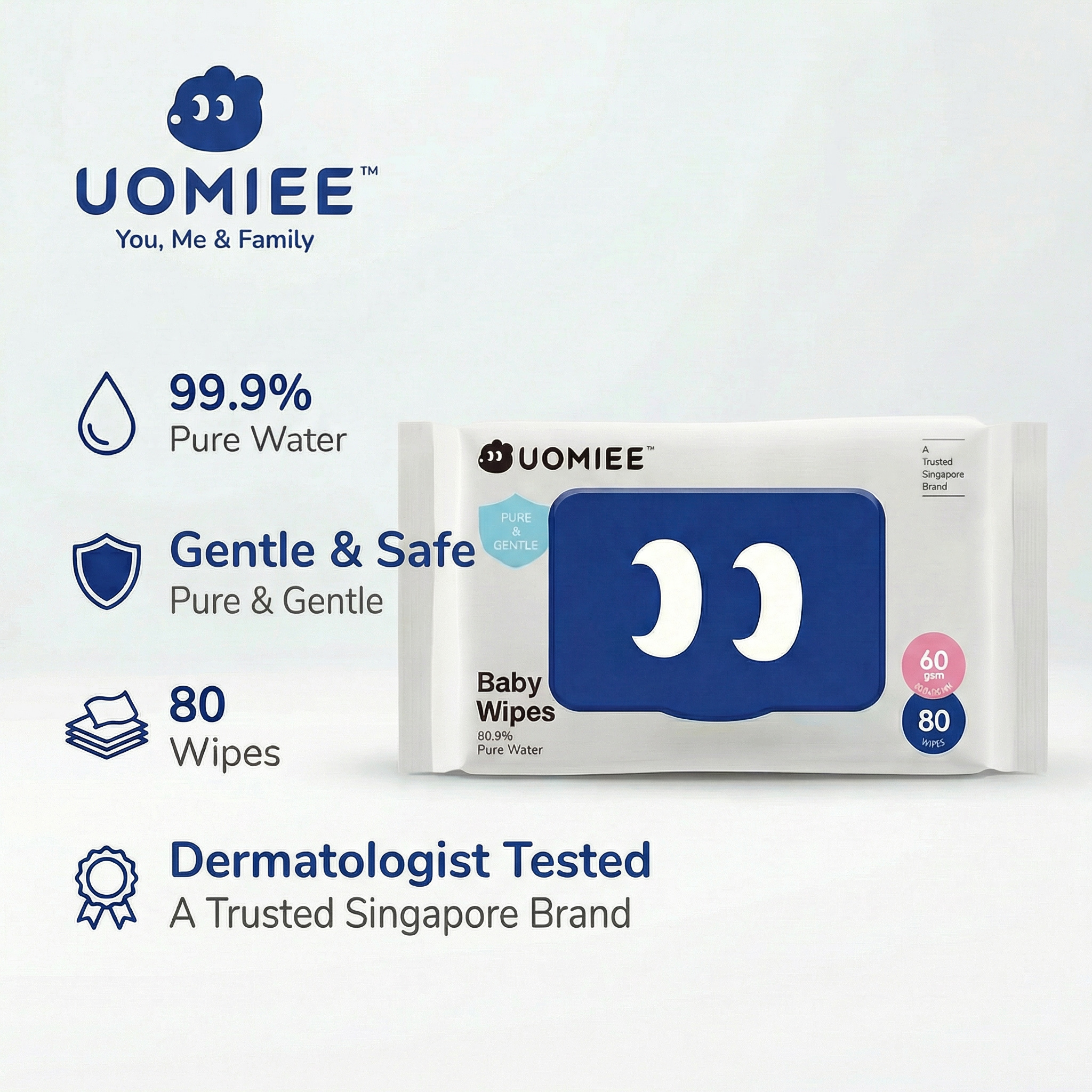 UOMIEE Baby Wet Wipes 50 Sheets｜Alcohol & Fragrance Free｜Gentle for Newborn & Sensitive Skin